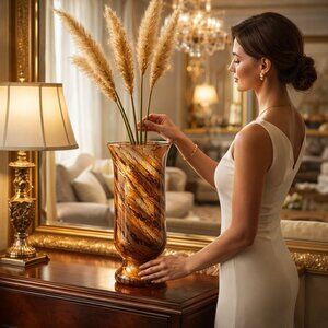 Sculptural Amber Art Glass Vase 14” | Crystalline Interior | Designer Statement